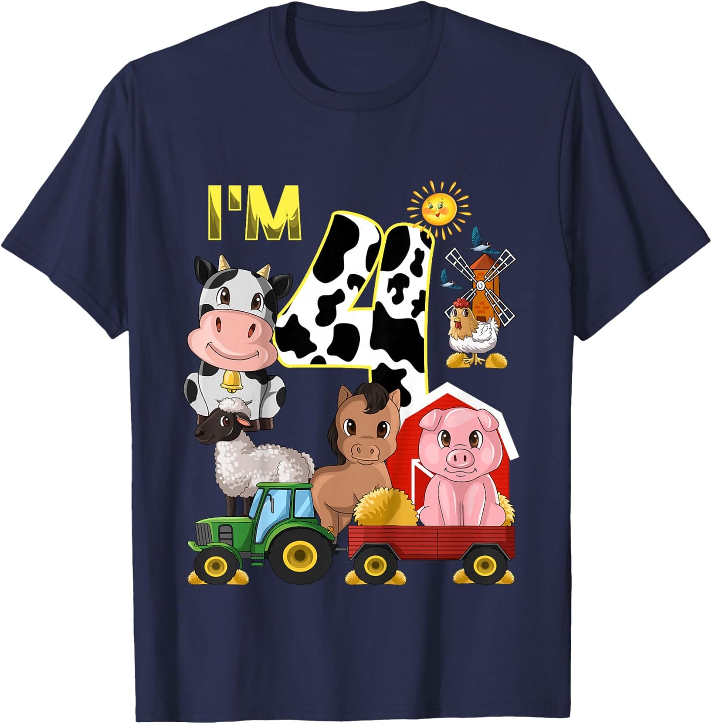 Kids Farm Animals Tractor 4th Birthday 4 Year Old Birthday Party T-Shirt - T-Shirt | Navy