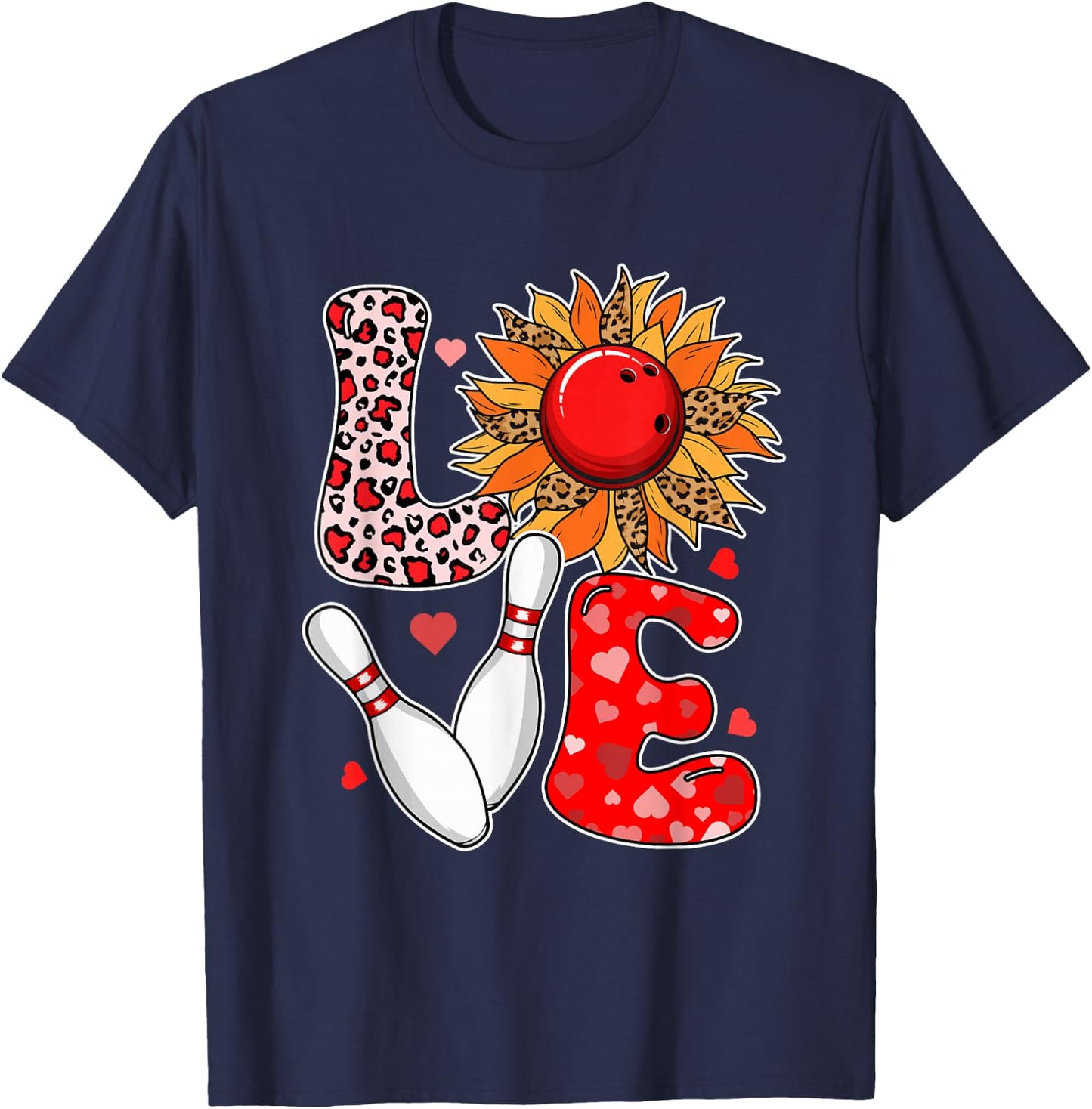 LOVE Leopard Sunflower Bowling Equipment Valentine Player T-Shirt - T-Shirt | Navy