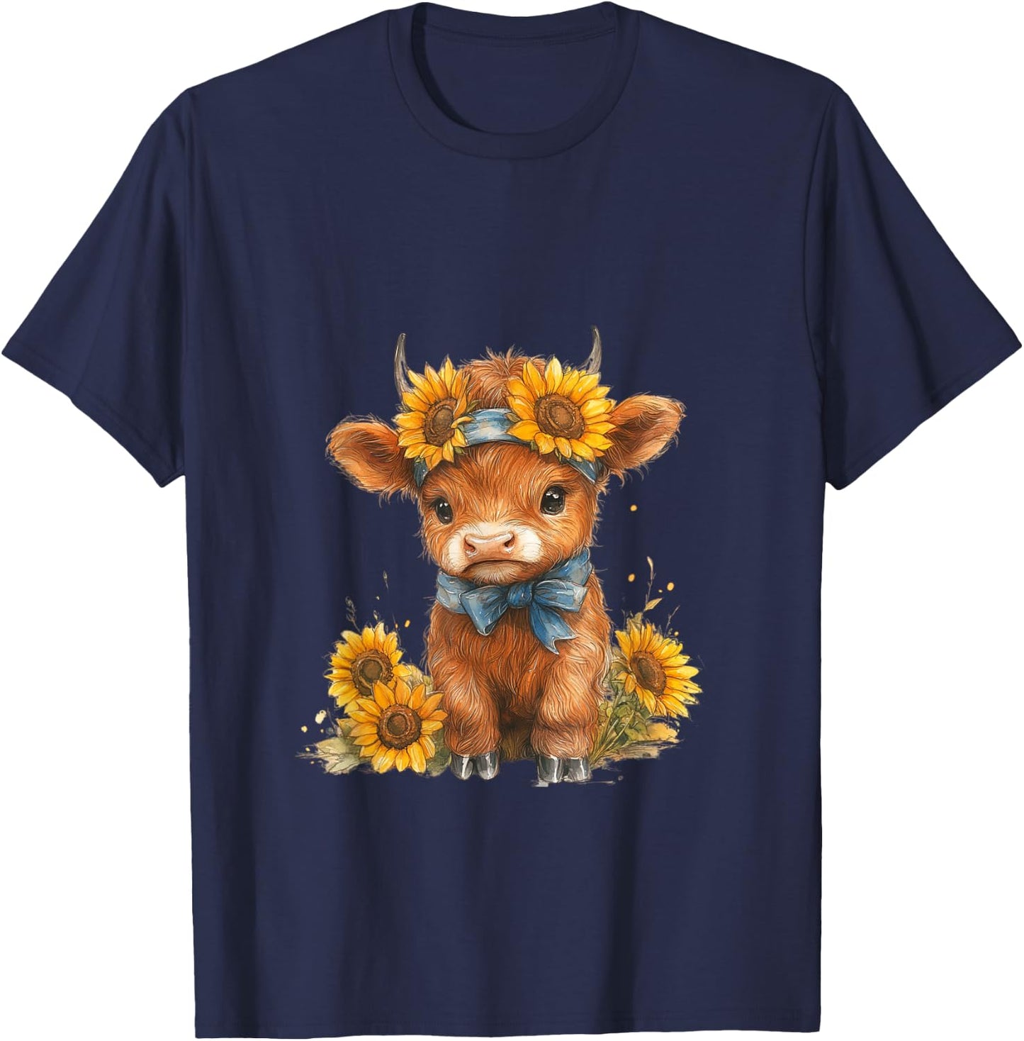 Cute Highland cow with sunflowers country Heifer Farm Farmer T-Shirt - T-Shirt | Navy