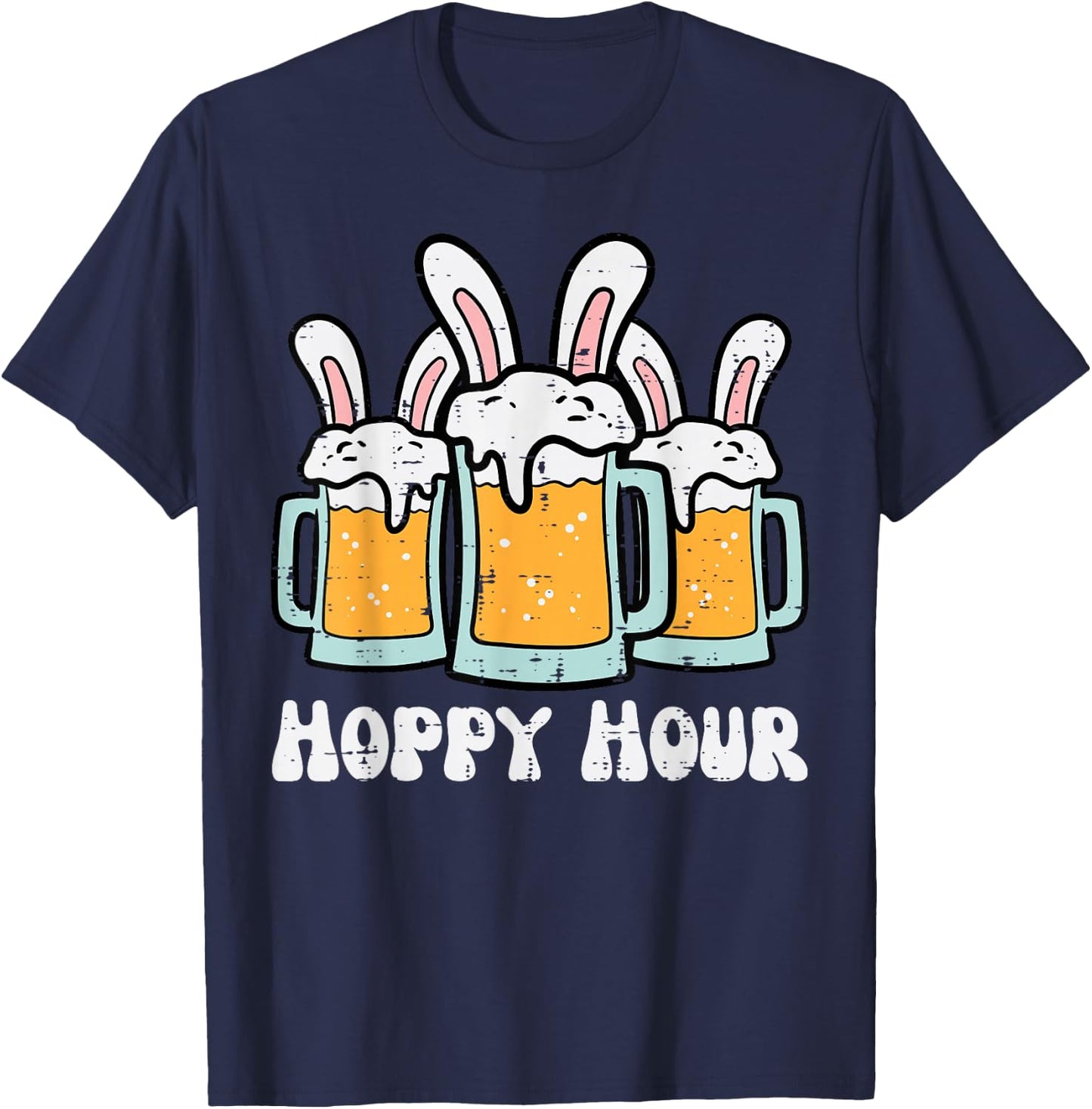 Easter Hoppy Happy Hour Bunny Ears Funny Dad Team Men Women T-Shirt - T-Shirt | Navy