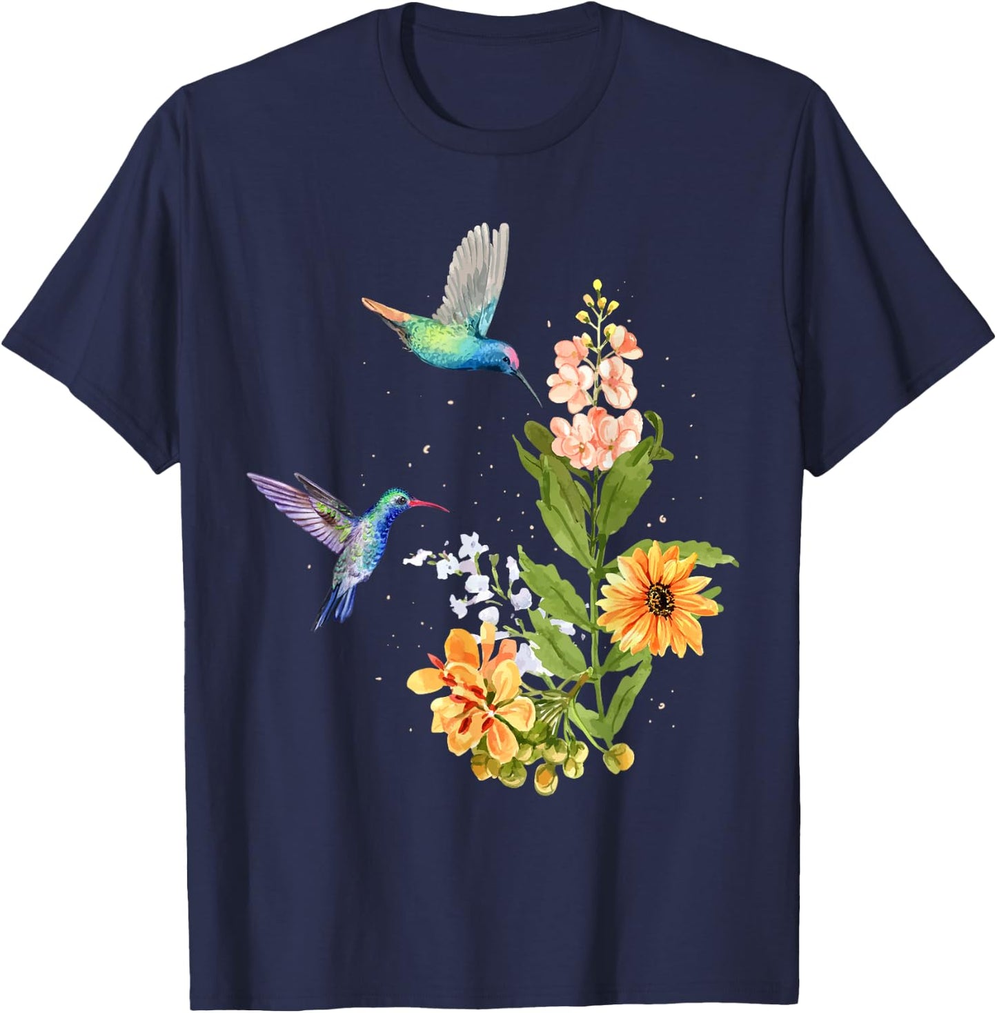 Hummingbird and Flower Watercolor Art Design Bird T-Shirt - T-Shirt | Navy
