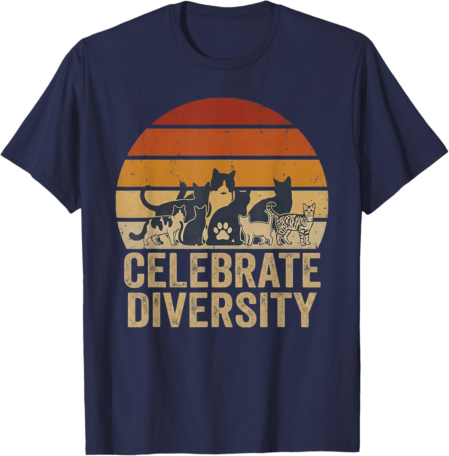 Retro Vintage Cat Celebrate Diversity Owners for Lovers T-Shirt - T-Shirt | Navy