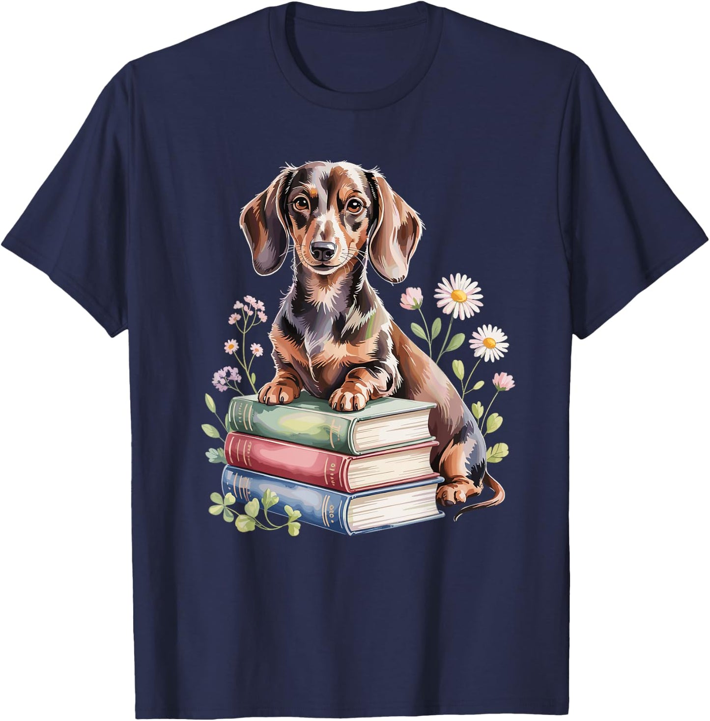 Dachshund Dachshunds Doxie Bookworm Flowers Book Reading T-Shirt - T-Shirt | Navy