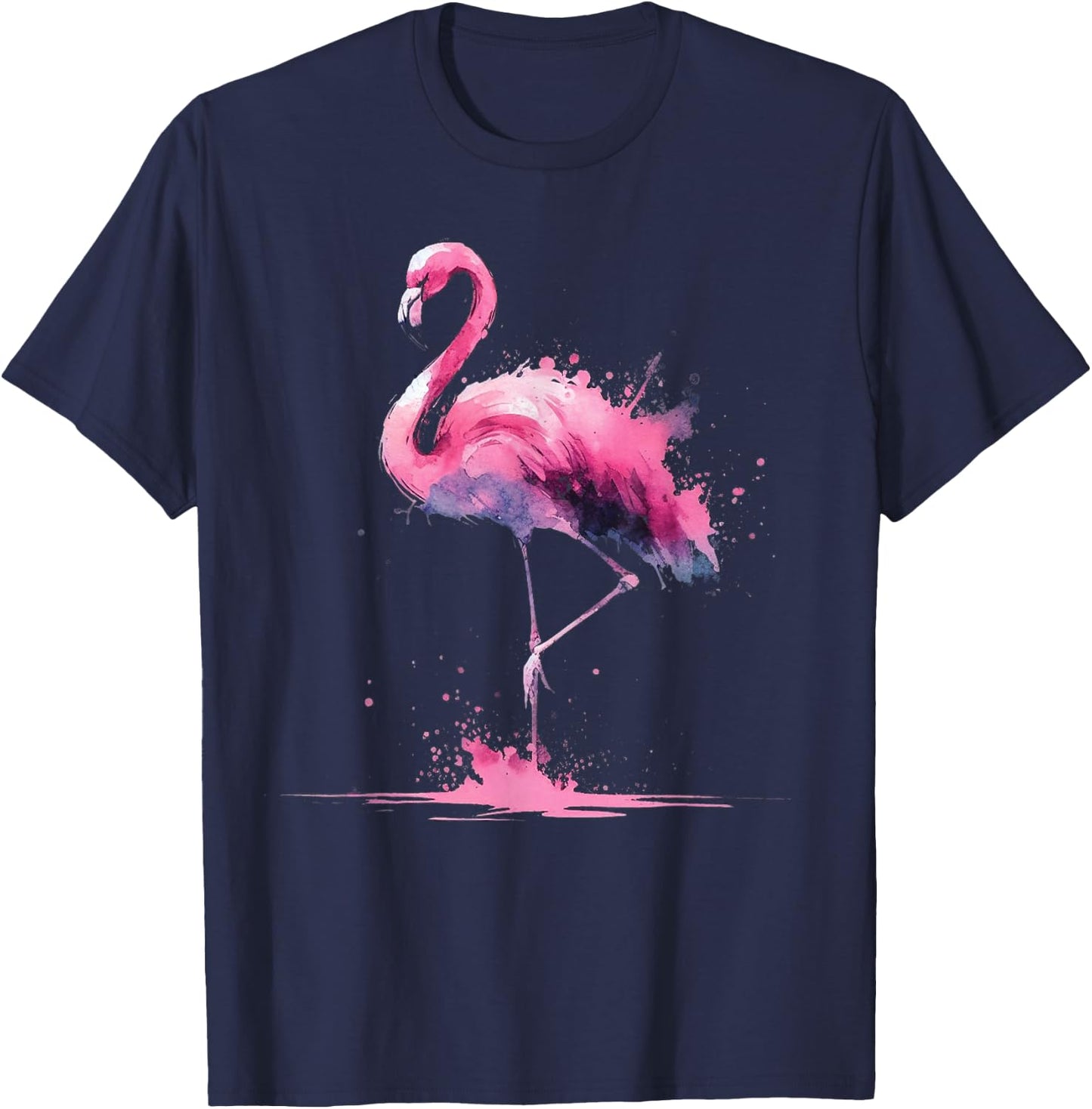 Flamingo Watercolor Pink Bird Artwork T-Shirt - T-Shirt | Navy