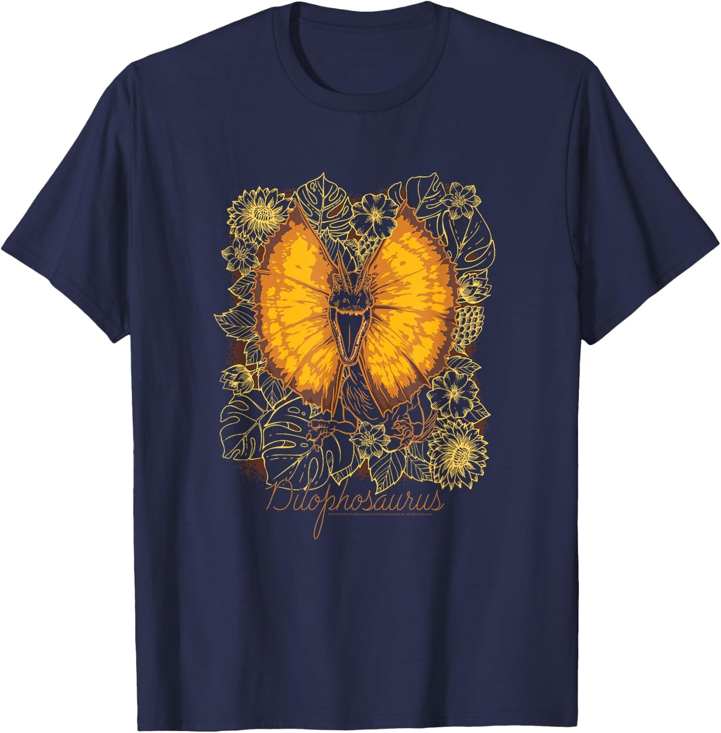 Jurassic World Dominion Floral Dilophosaurus Line Art Retro T-Shirt - T-Shirt | Navy