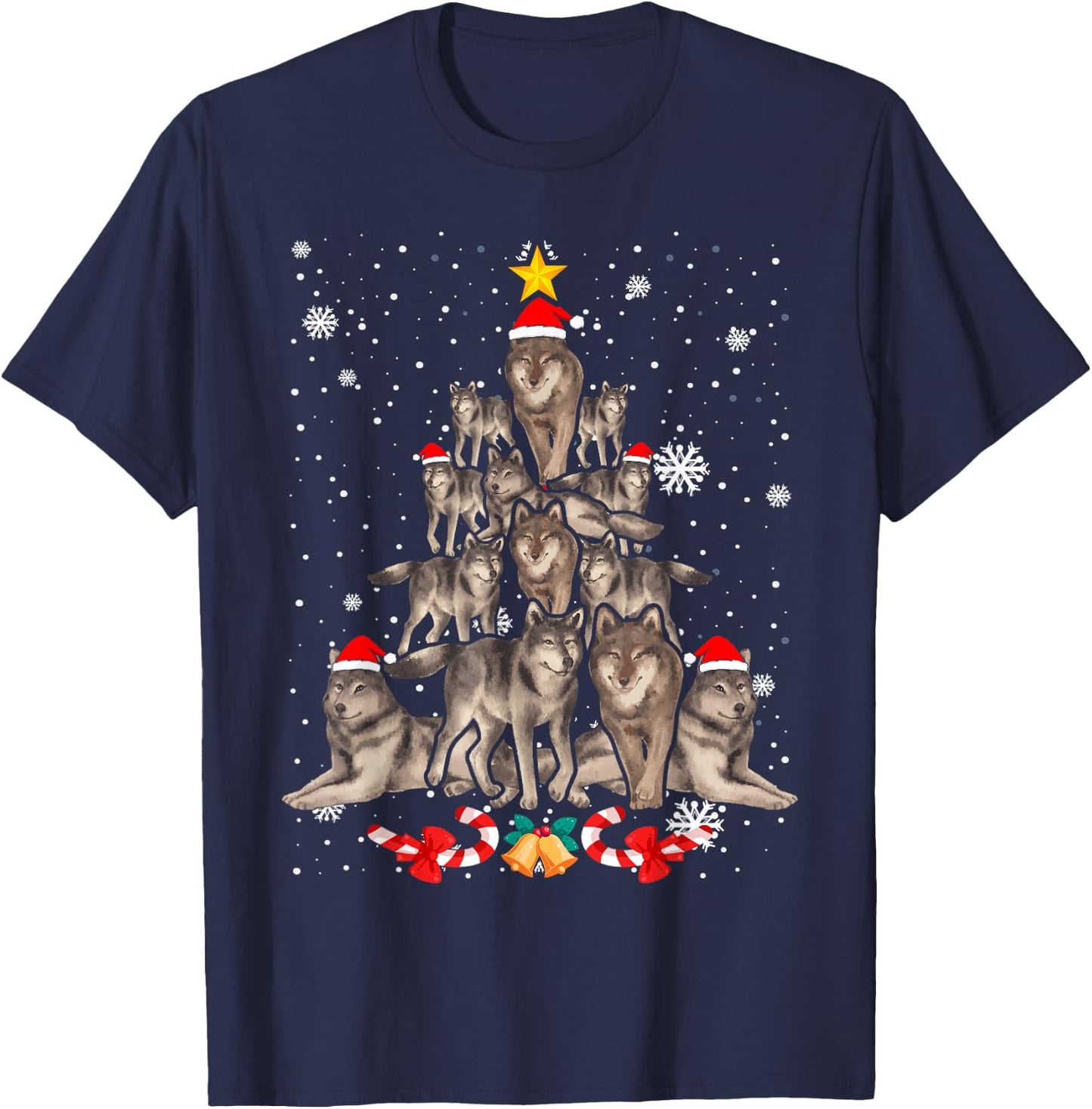 Wolfs Tree Christmas Sweater Xmas Pet Animal Wolf Lover T-Shirt - T-Shirt | Navy