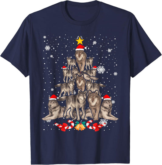 Wolfs Tree Christmas Sweater Xmas Pet Animal Wolf Lover T-Shirt - T-Shirt | Navy