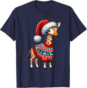 Giraffe Ugly Sweater Santa Hat Christmas T-Shirt - T-Shirt | Navy