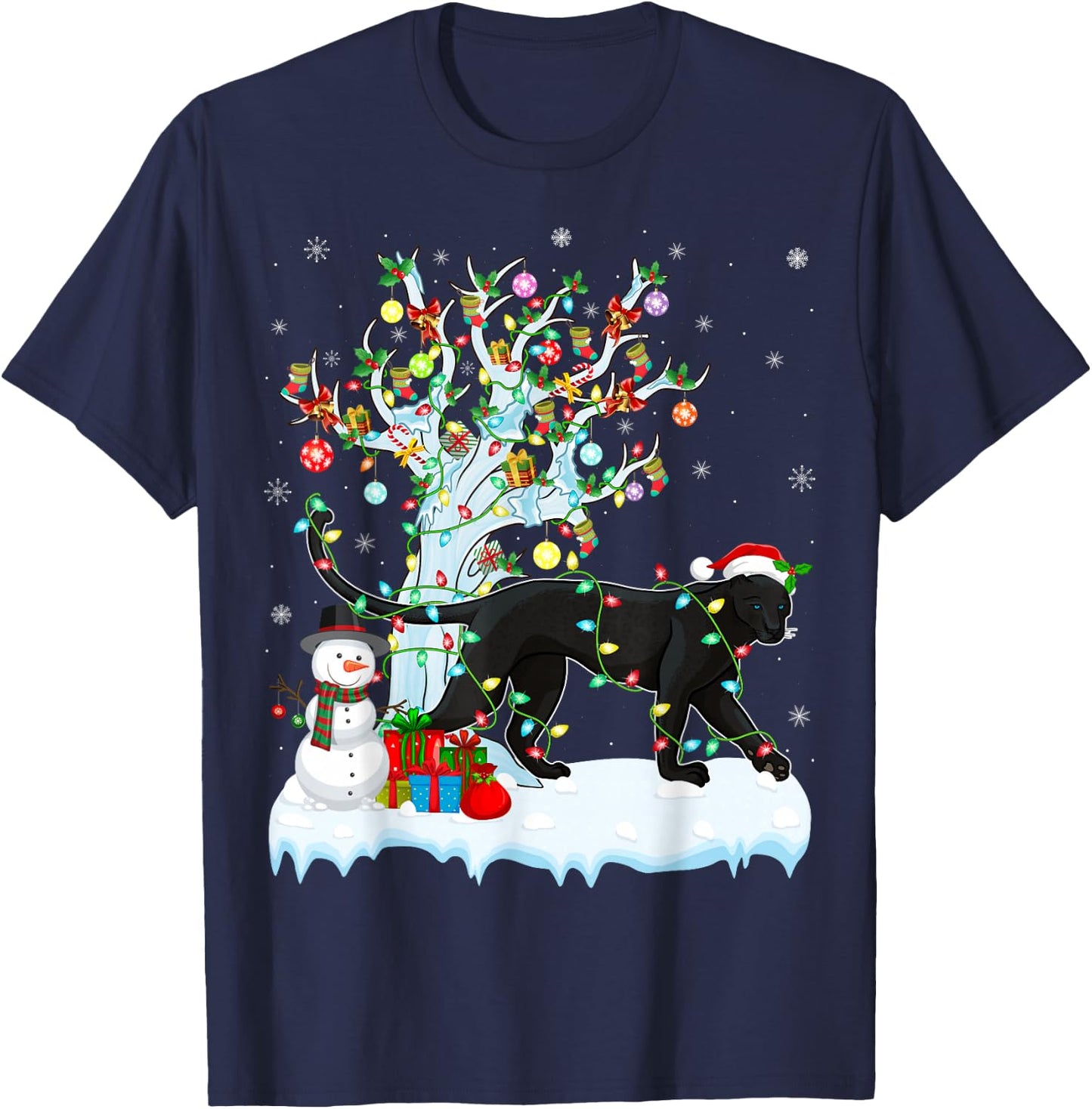 Panther Xmas Lighting Tree Santa Hat Panther Christmas T-Shirt - T-Shirt | Navy