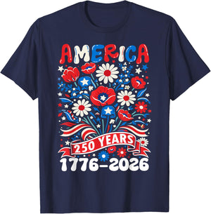 250 Years America 1776-2026 Floral Women 4th of July 250th T-Shirt - T-Shirt | Navy