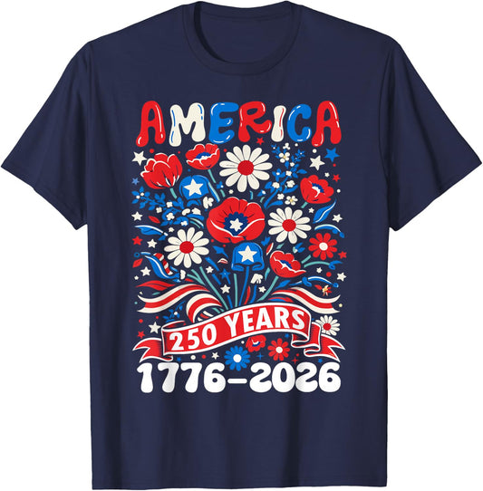 250 Years America 1776-2026 Floral Women 4th of July 250th T-Shirt - T-Shirt | Navy