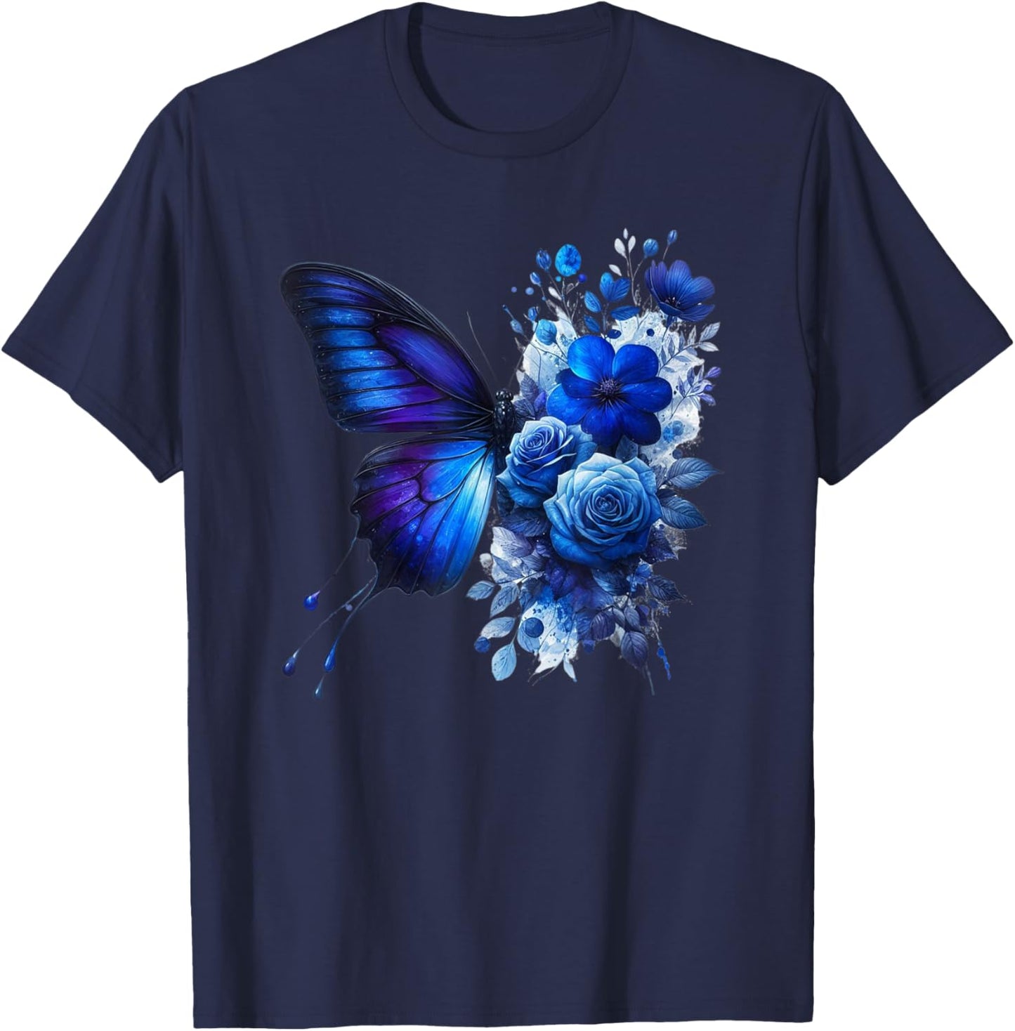 Butterfly Flowers Floral Vintage Butterflies Mom Blue Roses T-Shirt - T-Shirt | Navy