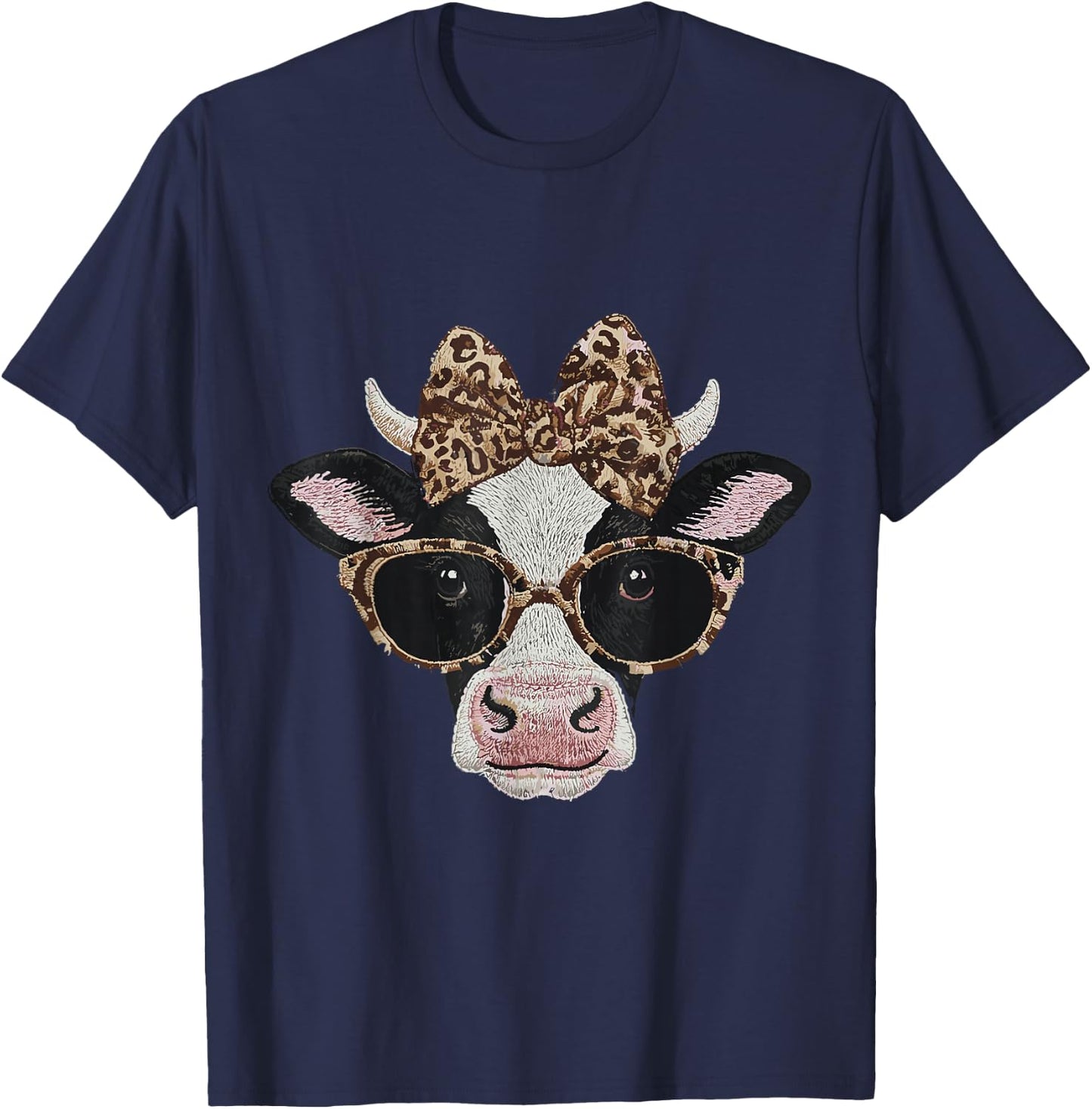 Cute Nerdy Leopard Bow Cow Funny Farm Animal Women T-Shirt - T-Shirt | Navy