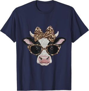 Cute Nerdy Leopard Bow Cow Funny Farm Animal Women T-Shirt - T-Shirt | Navy