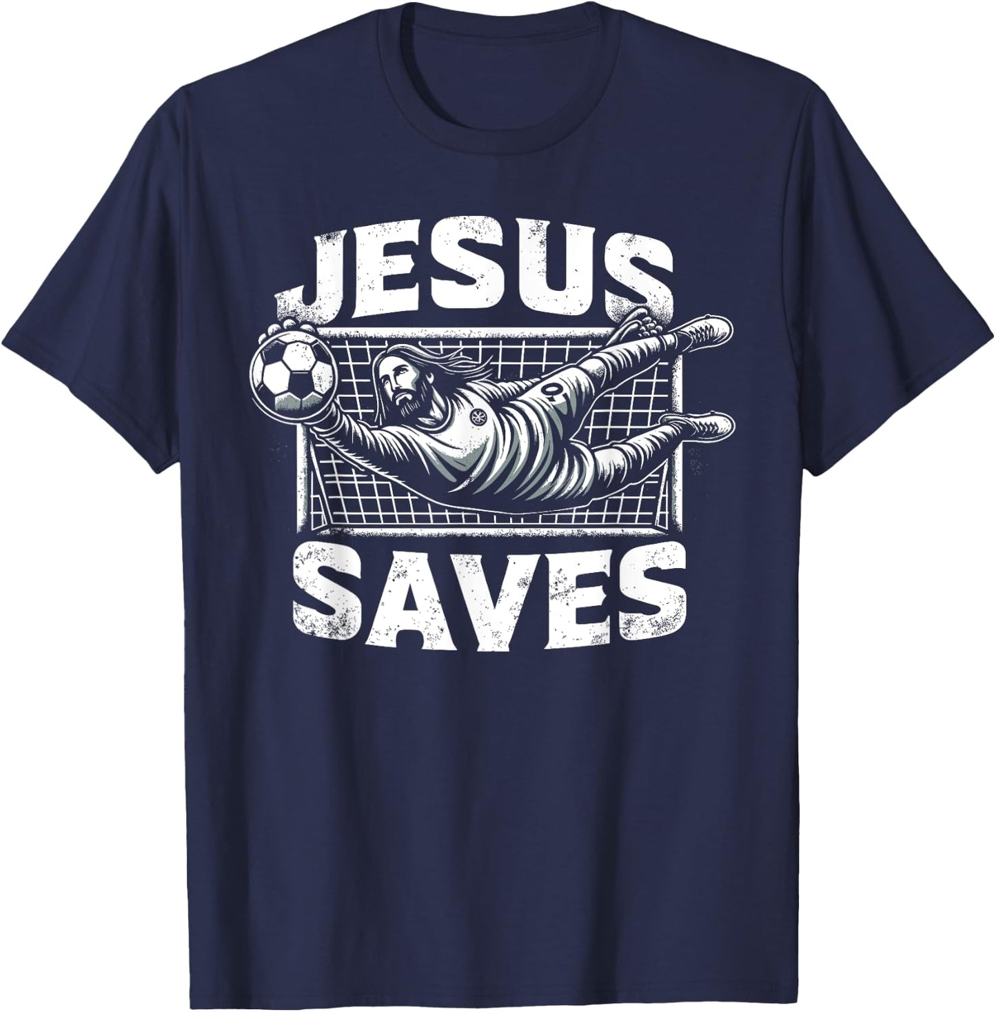 Vintage Jesus Saves Soccer Goalie T-Shirt - T-Shirt | Navy