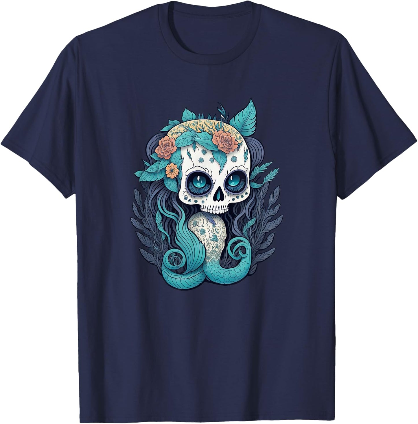Sugar Skull Mermaid, Ocean Lover (Dia De Los Muertos) T-Shirt - T-Shirt | Navy