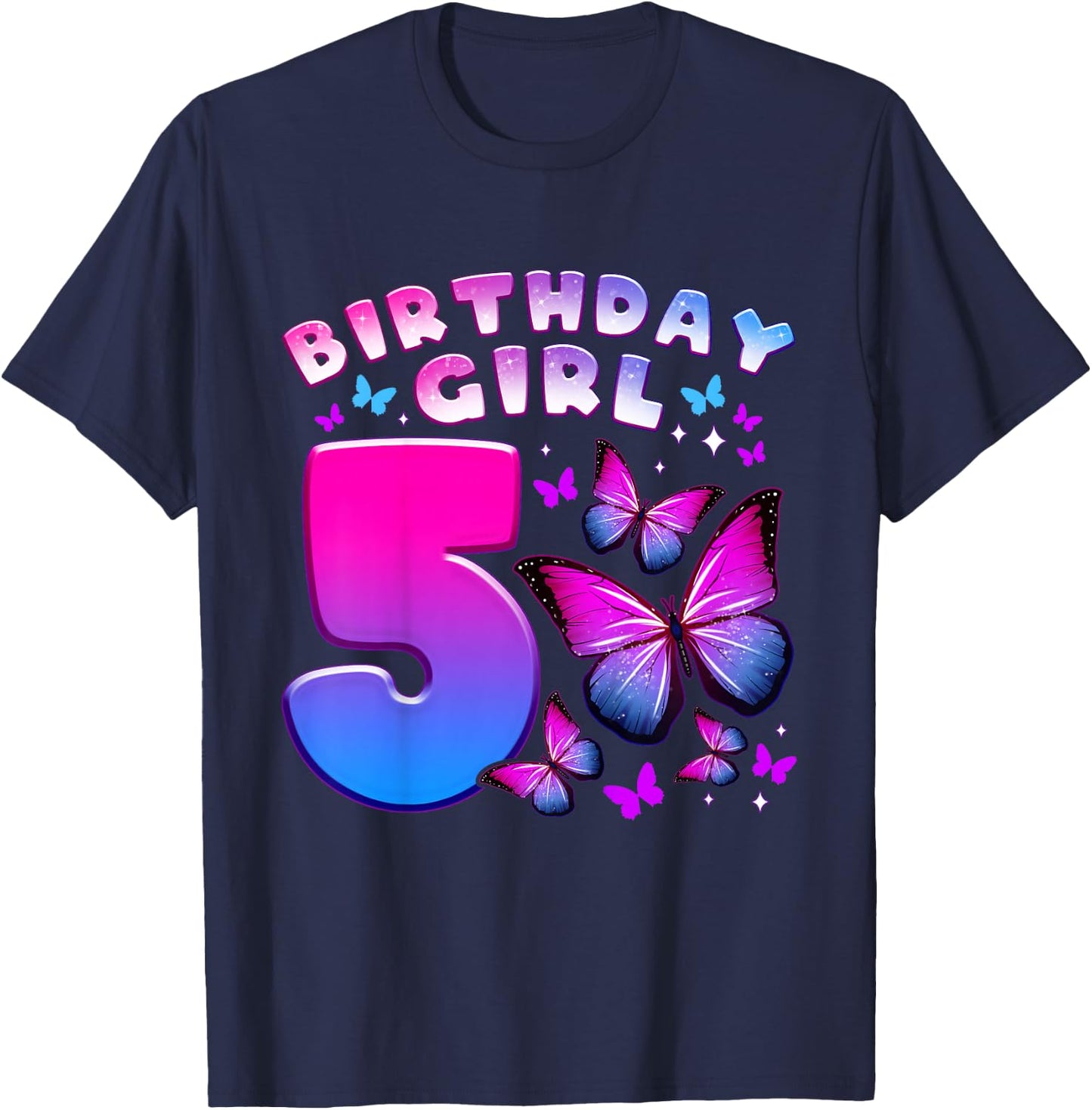 Birthday Girl 5 Years Old Butterfly Number 5 T-Shirt - T-Shirt | Navy