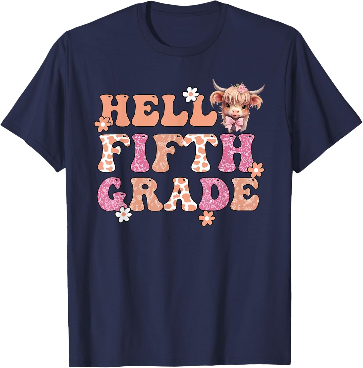 Hello Fifth Grade Highland Cow Back To School 5th Grade T-Shirt - T-Shirt | Navy