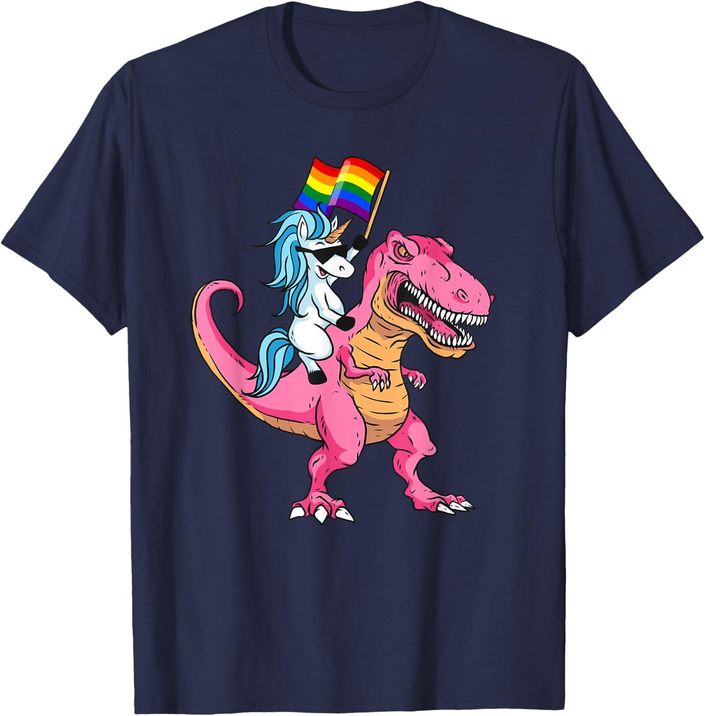 Unicorn Riding Dinosaur Pride Flag LGBTQ Lesbian Gay Pride T-Shirt - T-Shirt | Navy