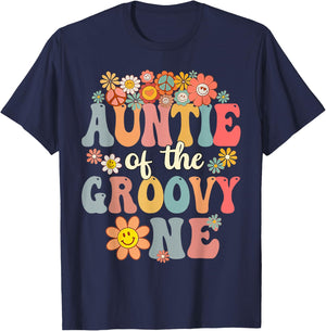 Auntie of Groovy One Matching Family 1st Birthday Party T-Shirt - T-Shirt | Navy