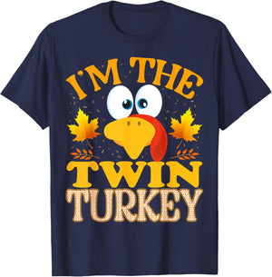 Thanksgiving I'm The Twin Turkey Matching , Small, Black T-Shirt - T-Shirt | Navy