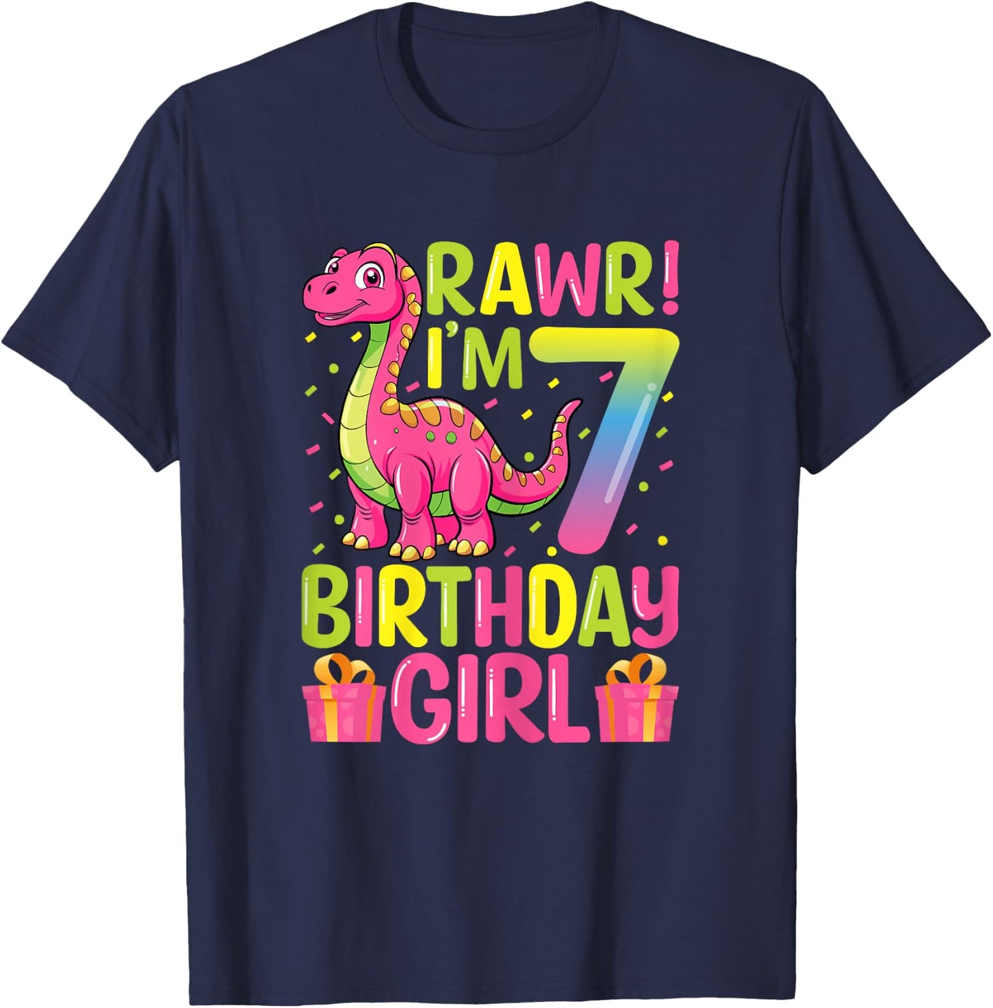 Rawr I'm 7 Birthday Girl Dinosaur T-Rex 7th Birthday Party T-Shirt - T-Shirt | Navy