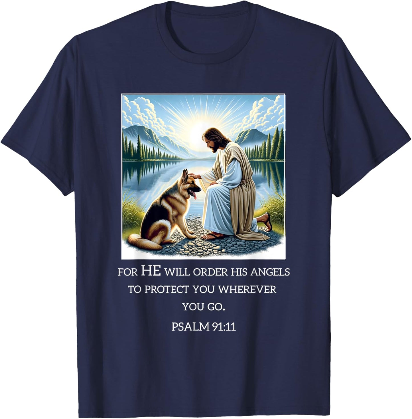 Jesus with Dogs Psalm 99 11- Jesus and a German Shepherd T-Shirt - T-Shirt | Navy