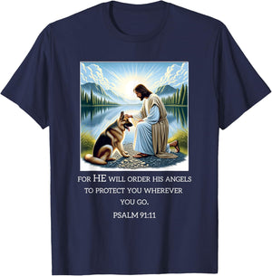 Jesus with Dogs Psalm 99 11- Jesus and a German Shepherd T-Shirt - T-Shirt | Navy