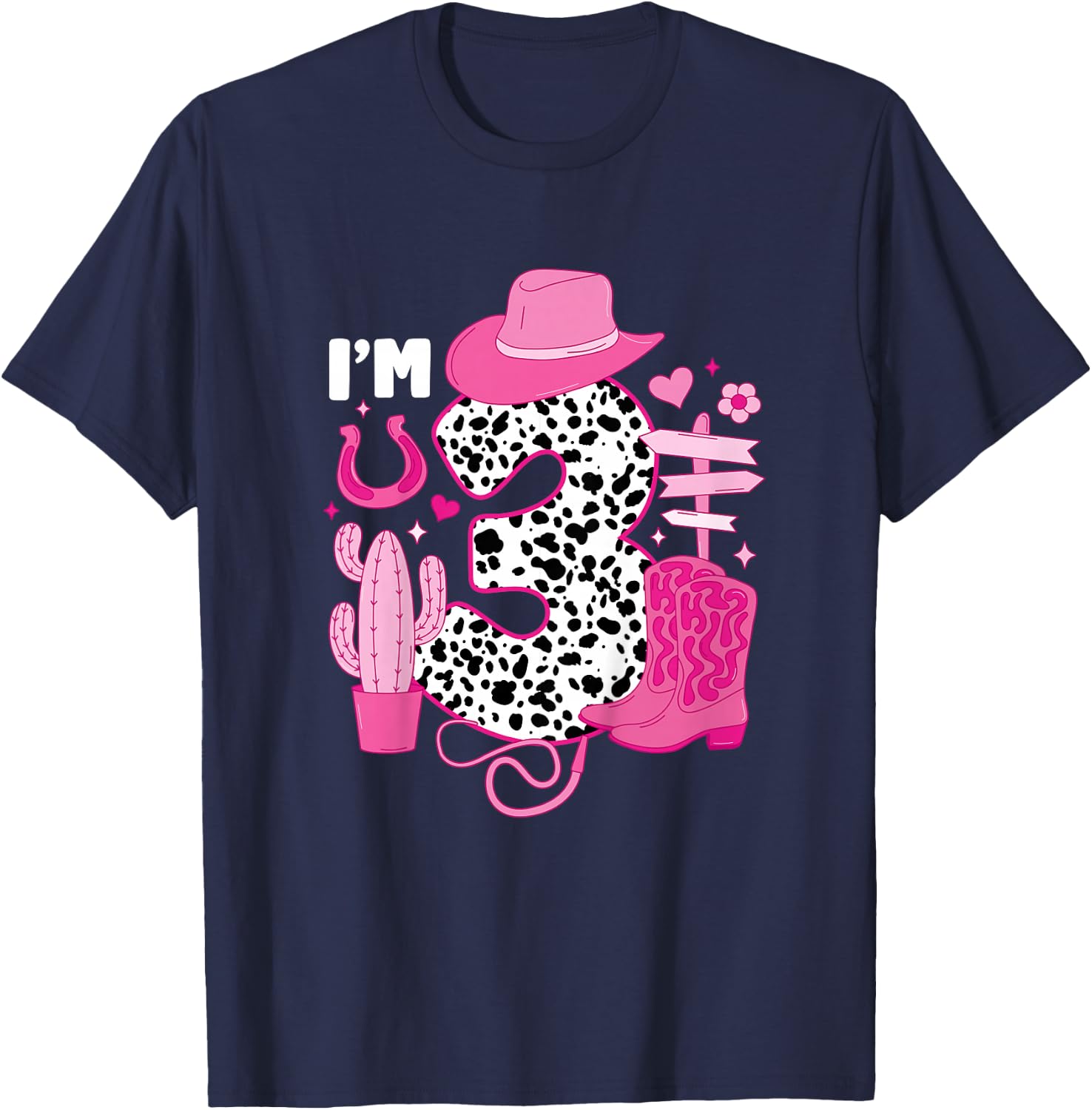 Kids 3rd Birthday Cowgirl Three Year Old Cow Girl Birthday Party T-Shirt - T-Shirt | Navy