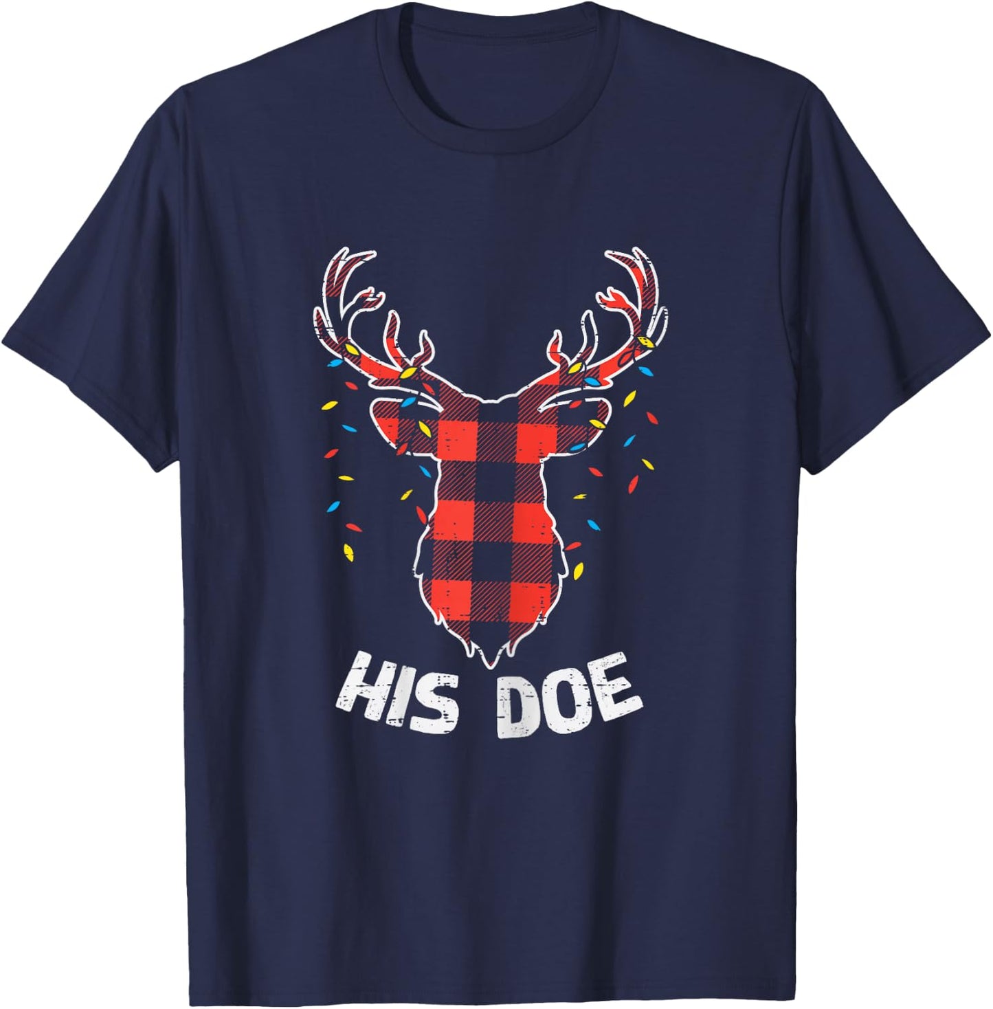 Plaid Reindeer His Doe Matching Christmas Couple Women PJ T-Shirt - T-Shirt | Navy