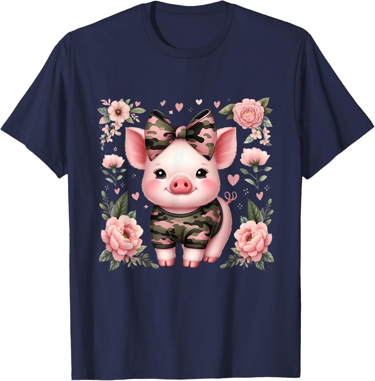 Cute Pig Camouflage Old Camo Bow Camo Coquette Bow Hunting T-Shirt - T-Shirt | Navy
