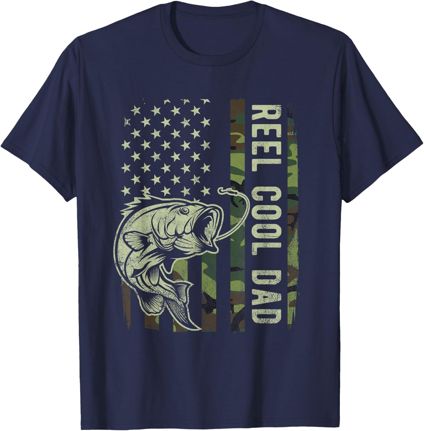 Reel Cool Dad Camouflage American Flag Bass Fish Fisherman T-Shirt - T-Shirt | Navy