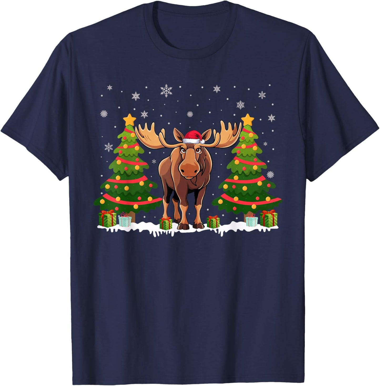 Xmas Tree Lights Moose Santa Hat Christmas Sweater T-Shirt - T-Shirt | Navy