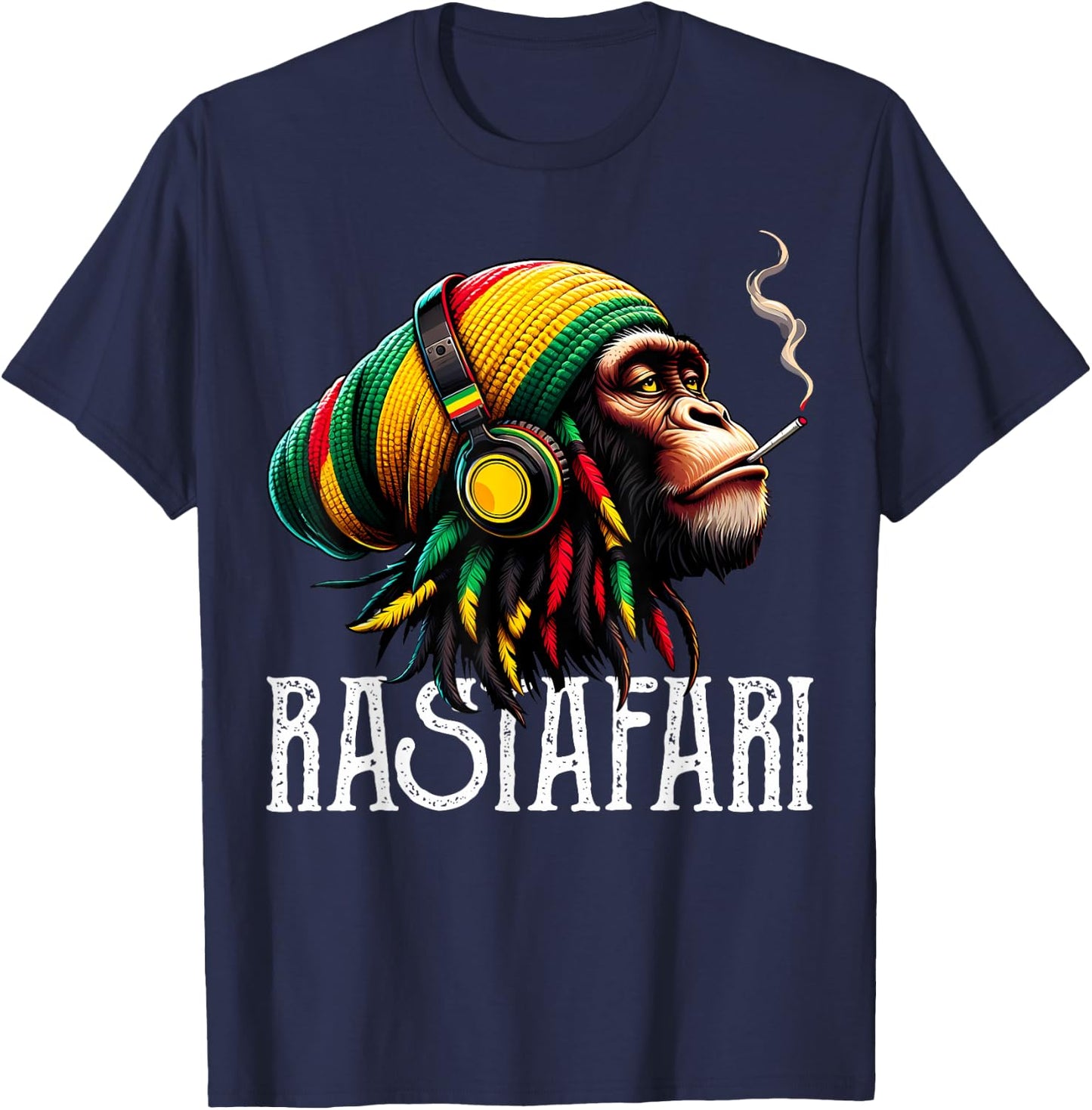 Jamaican Roots Reggae Chimpanzee Headphones Rastafari T-Shirt - T-Shirt | Navy