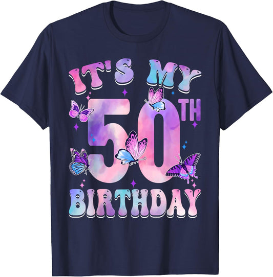 It's My 50th Birthday Butterfly Theme 50 Year Old Party Girl T-Shirt - T-Shirt | Navy