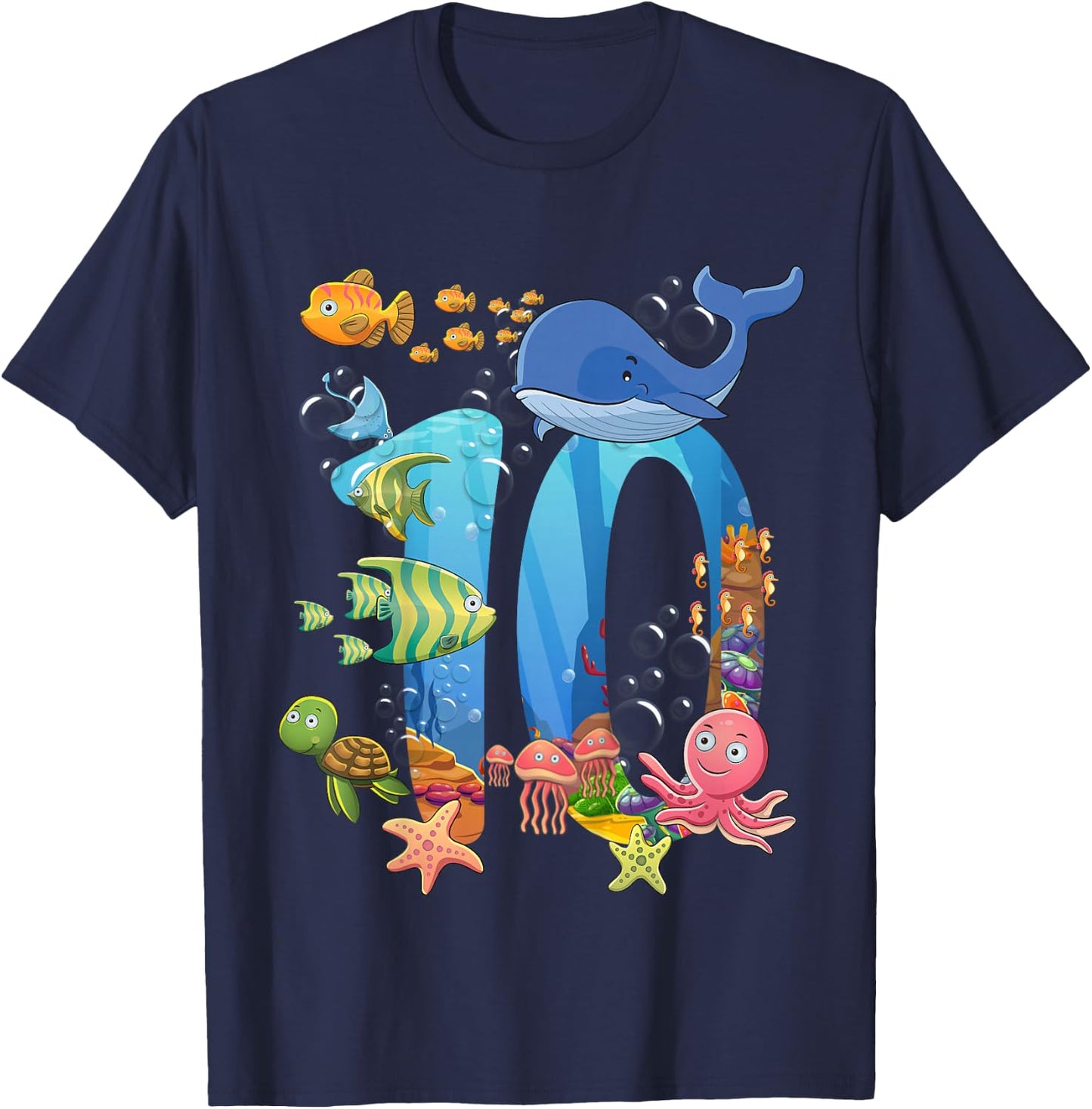10 Years Old Sea Fish Ocean Animal 10th Birthday Boy Girl T-Shirt - T-Shirt | Navy