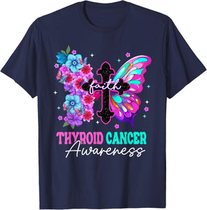 Faith Butterfly Christian Cross Thyroid Cancer Awareness T-Shirt - T-Shirt | Navy