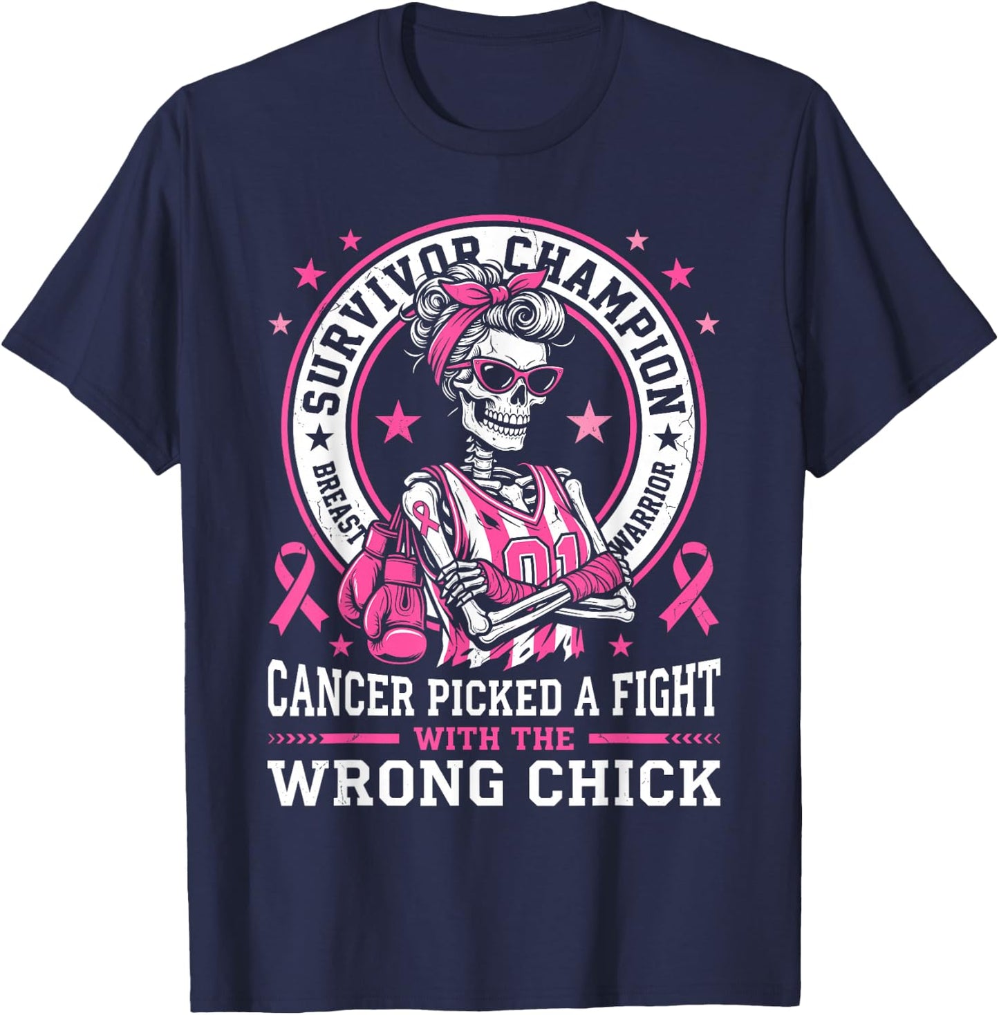 Cancer Picked A Fight with The Wrong Chick Breast Cancer Gag T-Shirt - T-Shirt | Navy