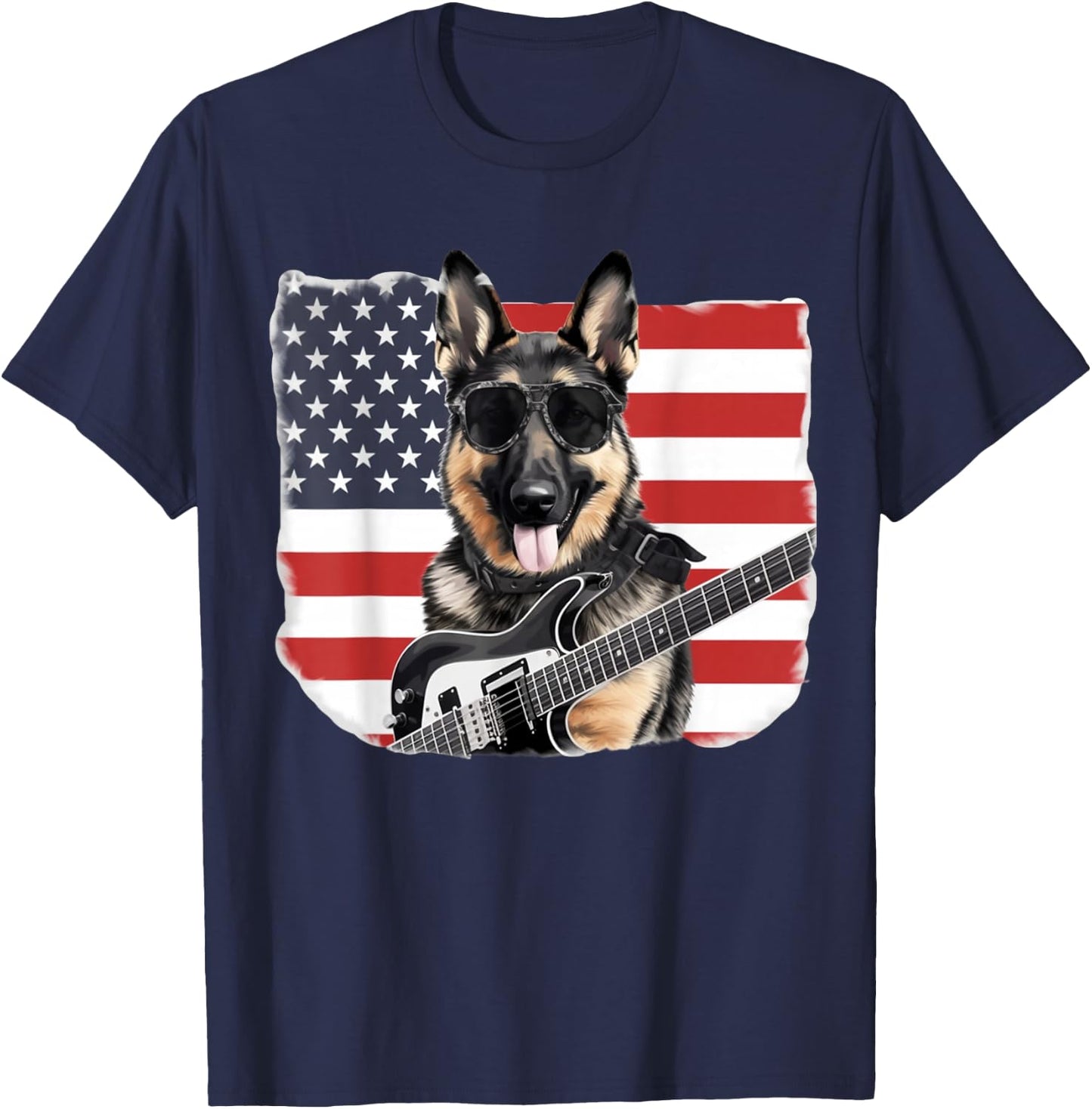 Sunglasses German Shepherd Guitar Rock & Roll American Flag T-Shirt - T-Shirt | Navy