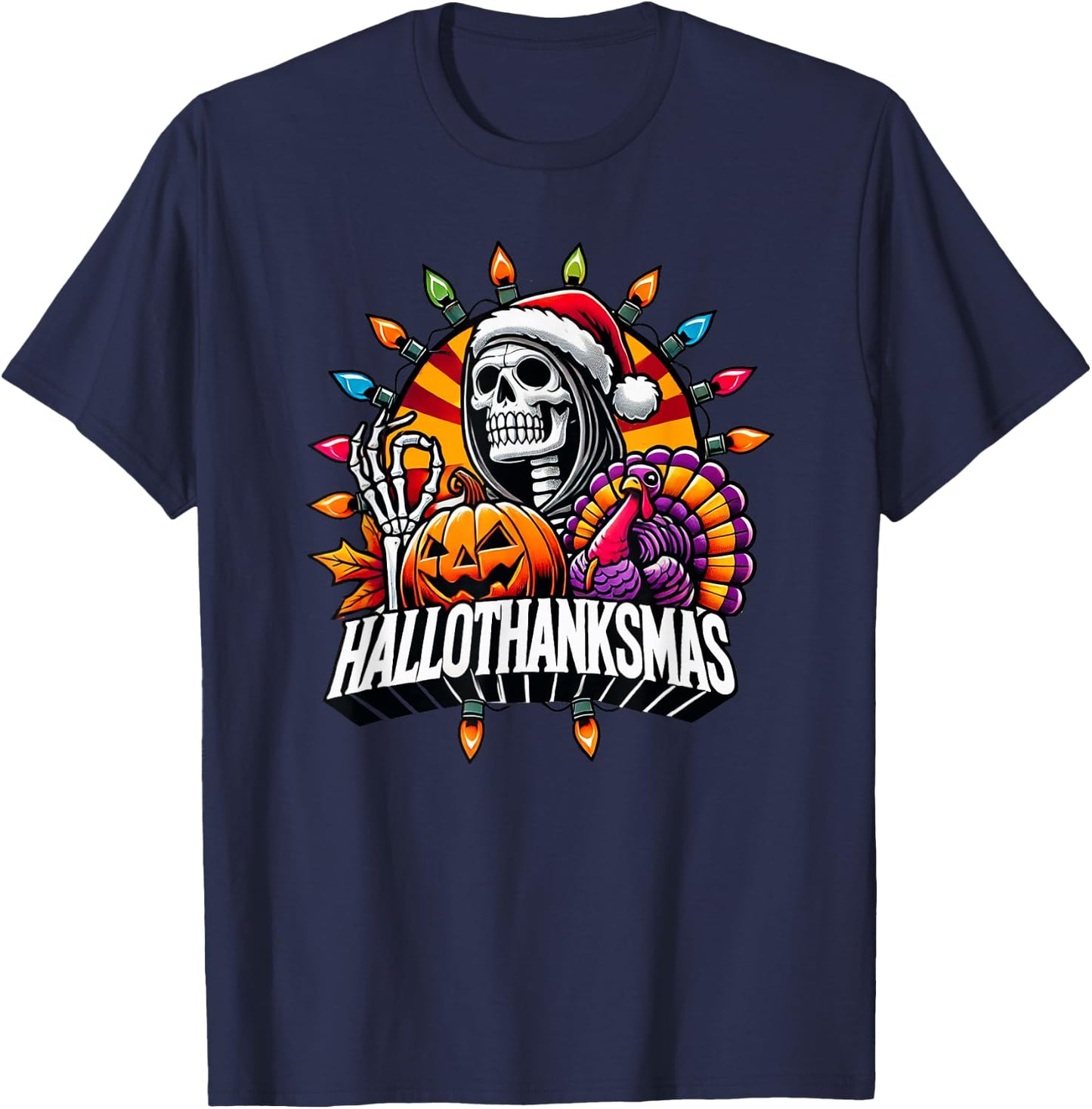 Happy HallowThanksMas Halloween Thanksgiving Christmas Fall T-Shirt - T-Shirt | Navy
