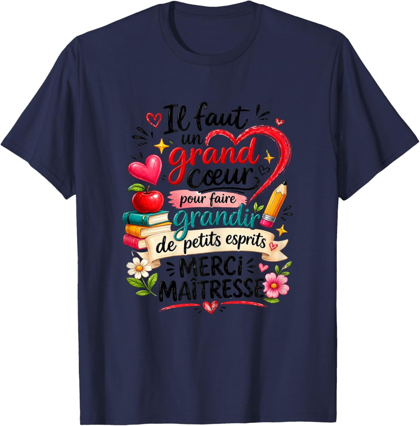 Cadeau Maîtresse d'École Fin d'Année Cœur Merci Original T-Shirt - T-Shirt | Navy