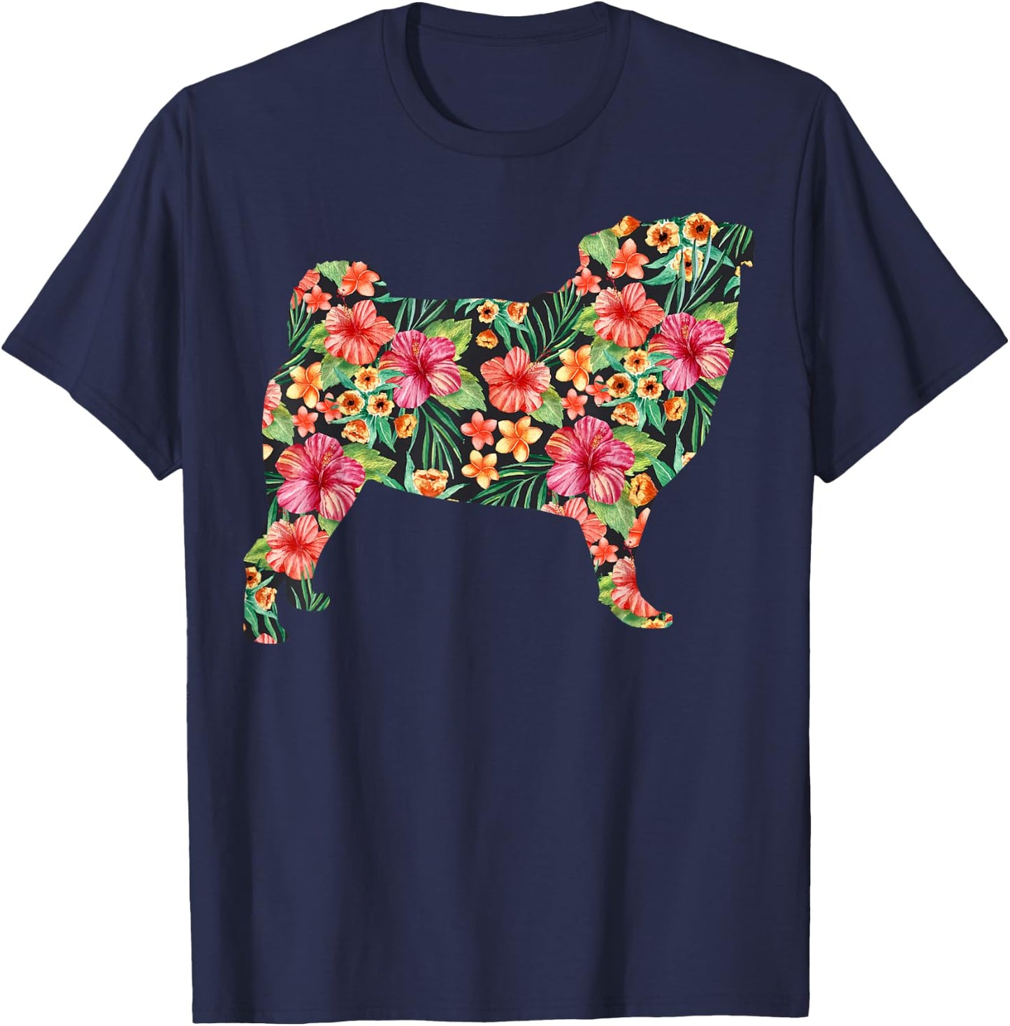 Pug Flower Funny Dog Silhouette Floral Gifts Women Men T-Shirt - T-Shirt | Navy