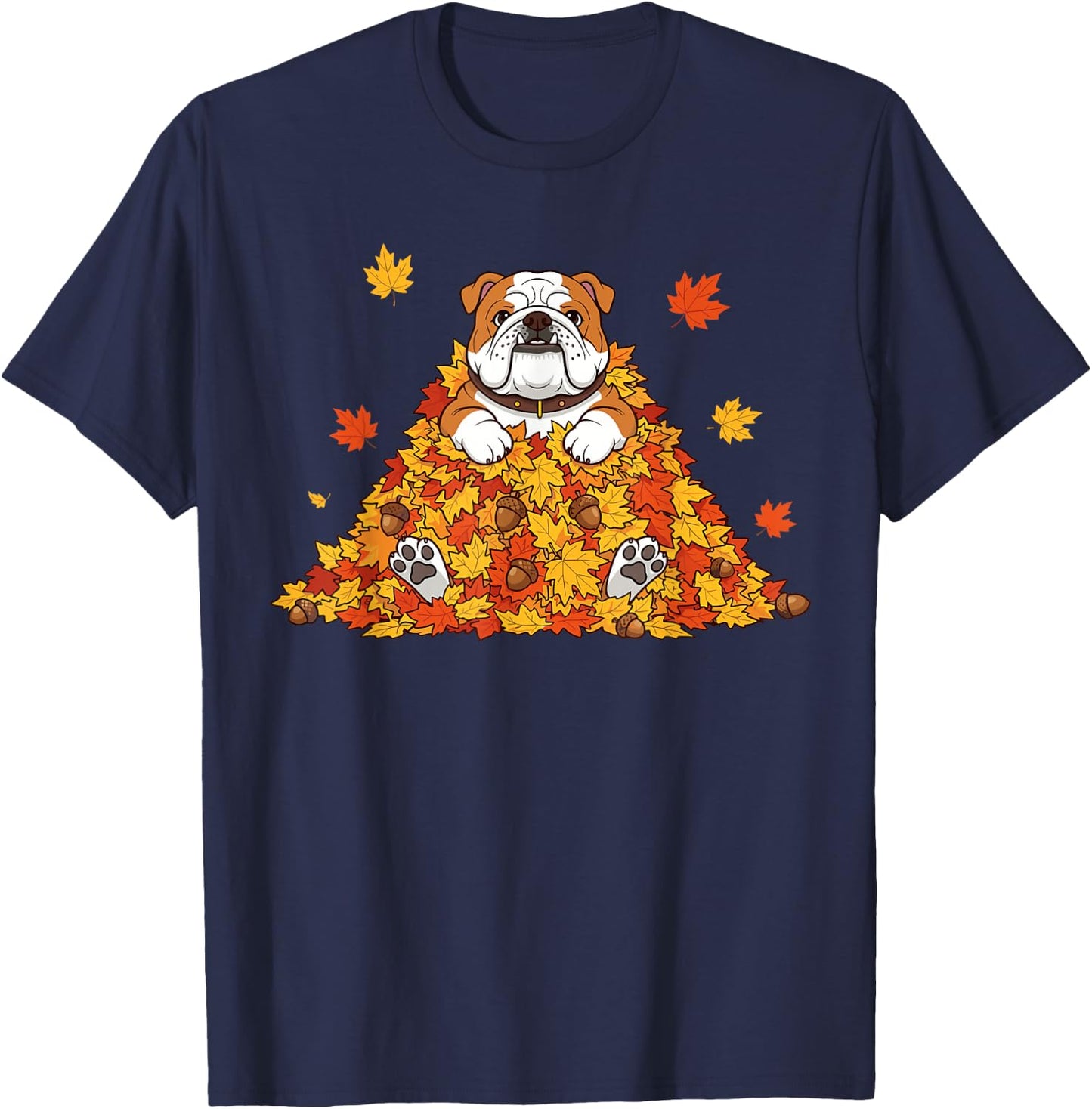 Thanksgiving English Bulldog Costume Kids, Fall Leaves Dog T-Shirt - T-Shirt | Navy