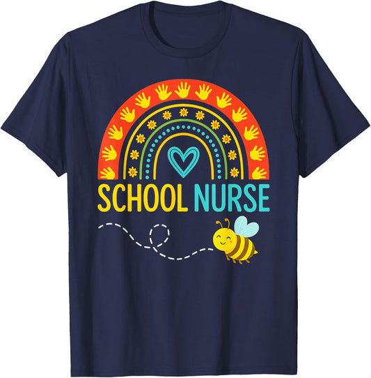 School Nurse Bee Rainbow Handprint Art T-Shirt - T-Shirt | Navy