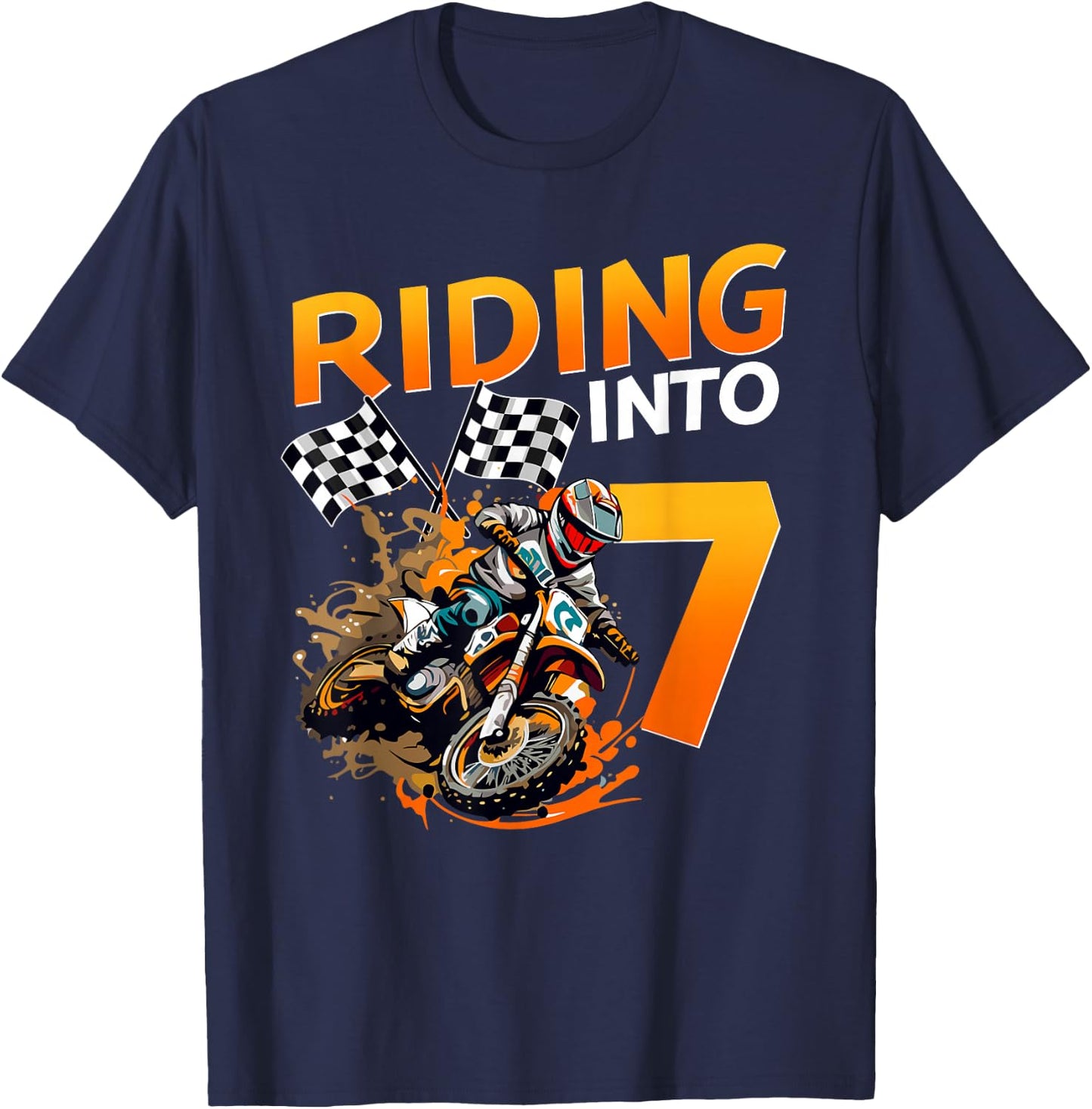 Riding Into 7 Years Old Birthday Dirt Bike Boy 7th Party T-Shirt - T-Shirt | Navy