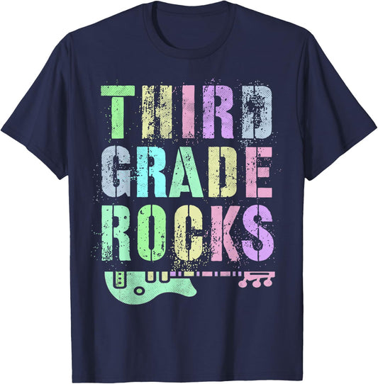 Retro THIRD GRADE ROCKS Student Rockstar Teacher 3rd Grader T-Shirt - T-Shirt | Navy