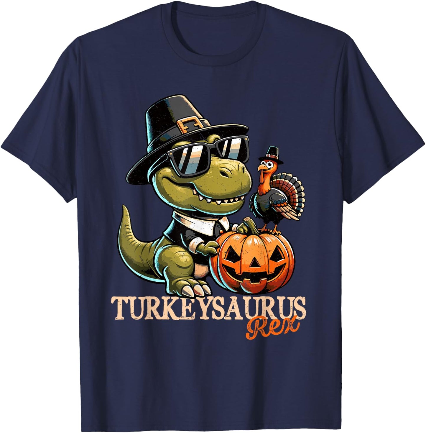 Dinosaur Thanksgiving Outfit Fall Boys Kids Toddler Turkey T-Shirt - T-Shirt | Navy