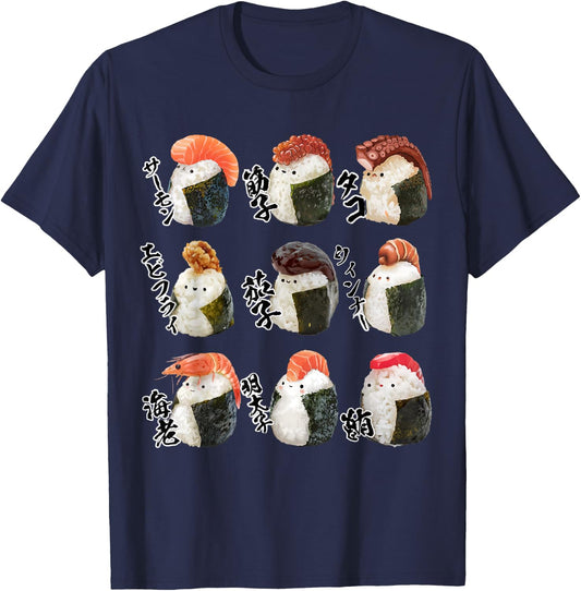 Cute Sushi Kawaii Onigiri Funny Pompadour Bosozoku Lovers , Black, S T-Shirt - T-Shirt | Navy
