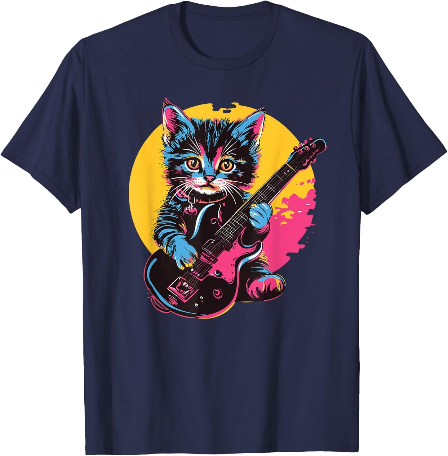 Cute Kitten Playing Guitar Rock Style , Black, S T-Shirt - T-Shirt | Navy
