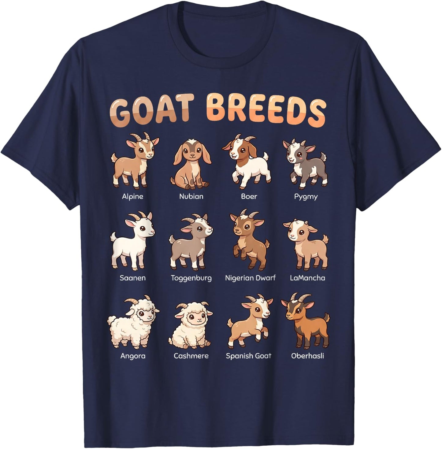 Goat Breeds for Kids Farm Animals Learning Chart T-Shirt - T-Shirt | Navy